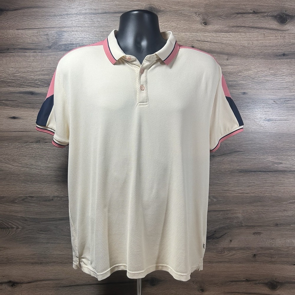 Across the Pond polo Shirt Mens Large Ivory Short Sleeve 1/4 Button Up Casual